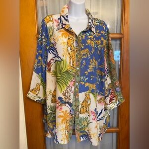 Leopard Cat Cream & Blue Multicolor Nature Print Blouse Size 2X